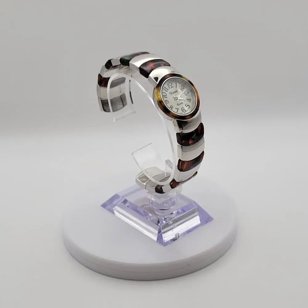 Xanadu Womens Silver Tone Tortoise Shell Bangle Cuff Quartz Watch White Dial